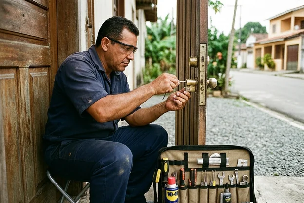 Chaveiro realizando manutenção em uma fechadura em Abaetetuba.